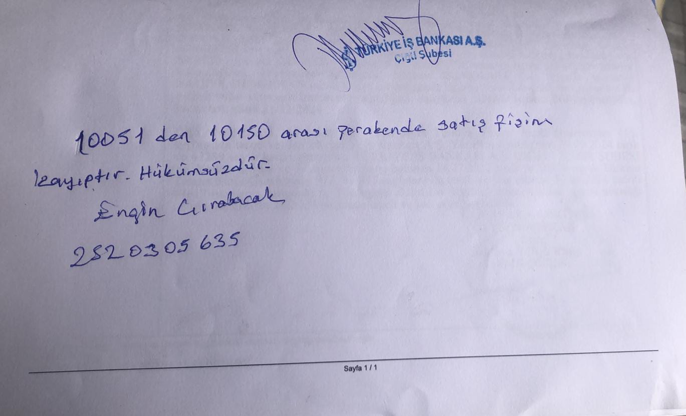 ENGİN ÇIRABACAK’A  AİT PERAKENDE SATIŞ FİŞLERİ KAYIP