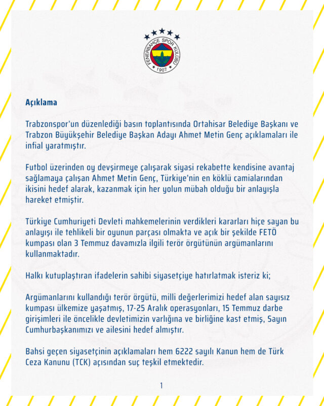 Fenerbahçe Spor Kulübü, Fenerbahçe ve Beşiktaş için "şikeci" diyen Genç