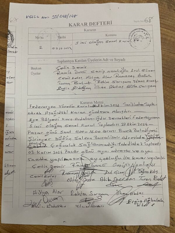 Başkan Çetin Demir ve yönetiminin imzasıyla alınan kararda, federasyon genel