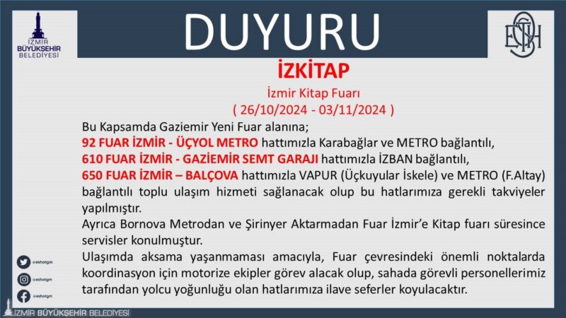 ESHOT Genel Müdürlüğü, 26 Ekim - 3 Kasım tarihleri arasında