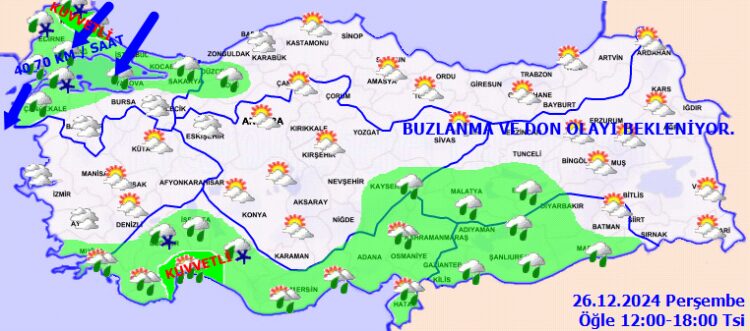 Meteoroloji Genel Müdürlüğü, 26 Aralık Perşembe gününe ilişkin hava tahmin