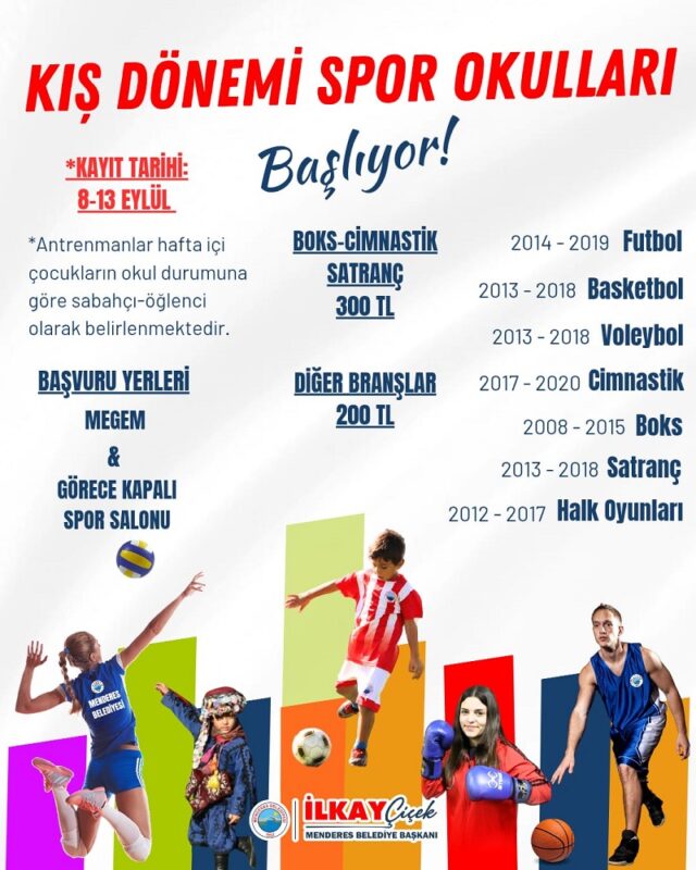 Menderes Belediyesi’nin kış dönemi spor okulları için kayıtlar başladı.
Menderes Belediyesi’nin