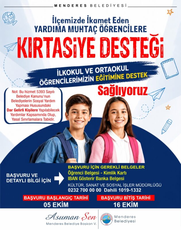 Menderes Belediyesi, ilkokul ve ortaokul öğrencilerine kırtasiye desteği verecek.
